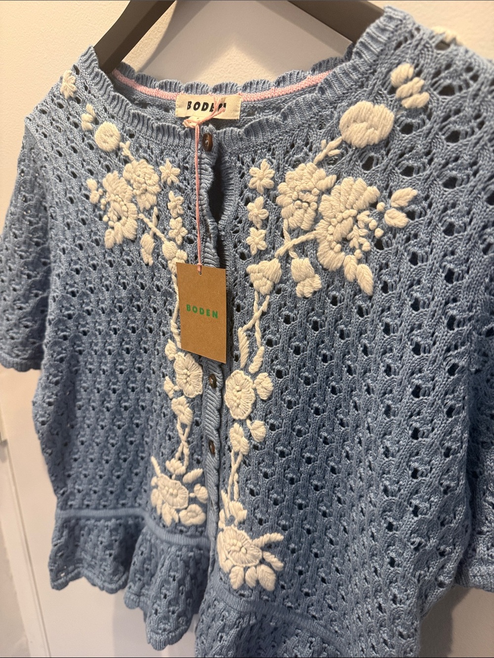Boden Blue Crochet Knit Top with White Floral Embroidery - Picture 3 of 5